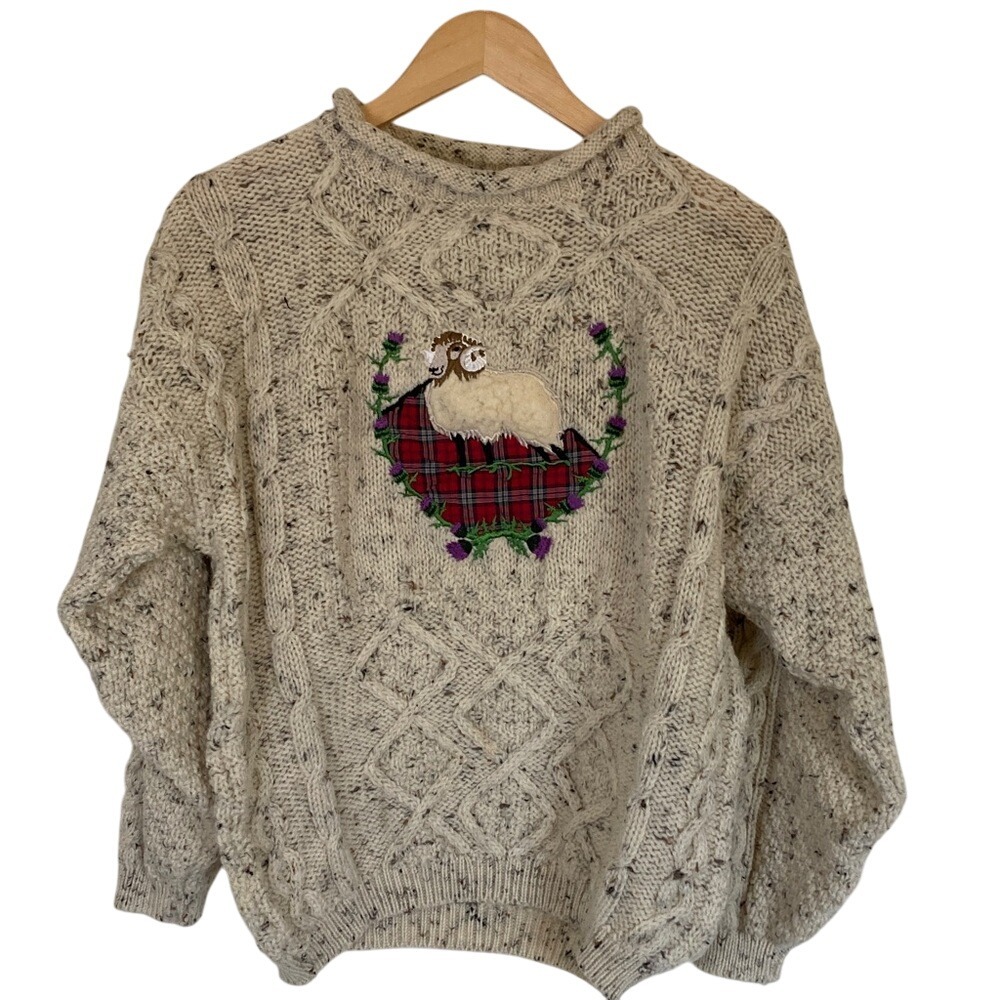 Womens Pure New Wool Chunky‎ Cable Cream Sweater Sheep Design Size Large Vintage